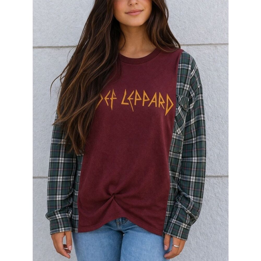 Upcycled Def Leppard Graphic Band Tee Plaid Lightweight Casual Long Sleeve Shirt